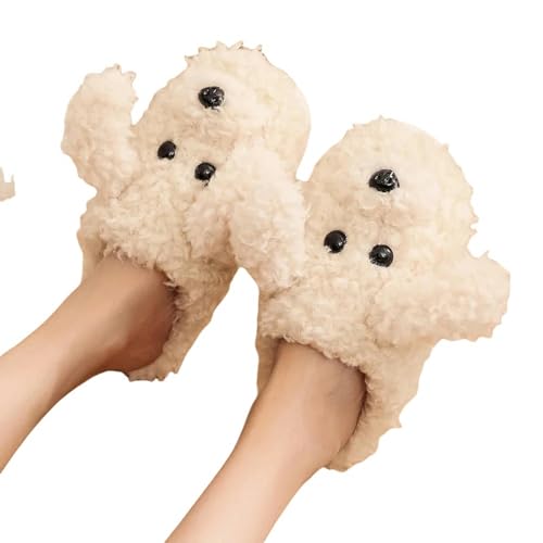 YLXCKGS Cartoon-Hausschuhe Nette Hund Baumwolle Hausschuhe Für Frauen Winter Indoor Warme Plüsch Hausschuhe Damen Weiche Sohle Pelz Schuhe-Beige Dog1-40-41(Fit 39-40) von YLXCKGS