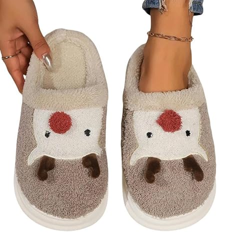 YLXCKGS Hausschuhe Süße Elch Weihnachten Slipper Frauen Winter Warmes Weiches Sohle -Heimrutsche Innenkomfie -Plattform Baumwollschuhe Weiblich-Khaki-40-41 von YLXCKGS