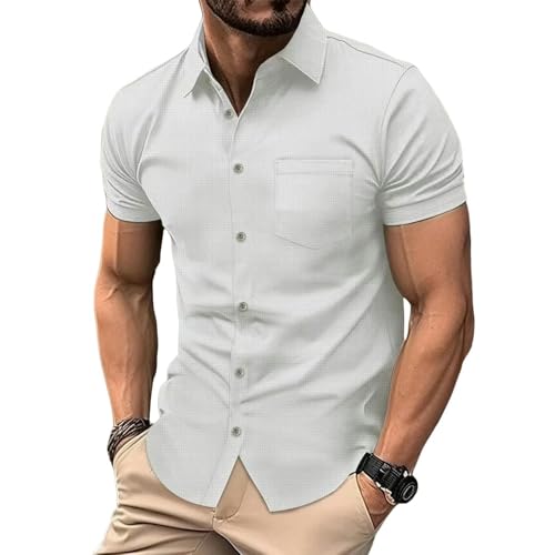 YLXCKGS Herren Kurzarm Hemd Summer Herren Casual Top All-Match Business Waffel Pocket Taschen-Kurzärmel-Shirt-Weiss-XXL von YLXCKGS