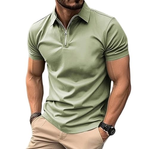 YLXCKGS Herren-Poloshirt Herrenfarb Polo-Hemd Kurzarm Reißverschluss Kragen T-Shirts Und Für Streetwear Streetwear Männliche Jogger-Tops-Grün-L von YLXCKGS