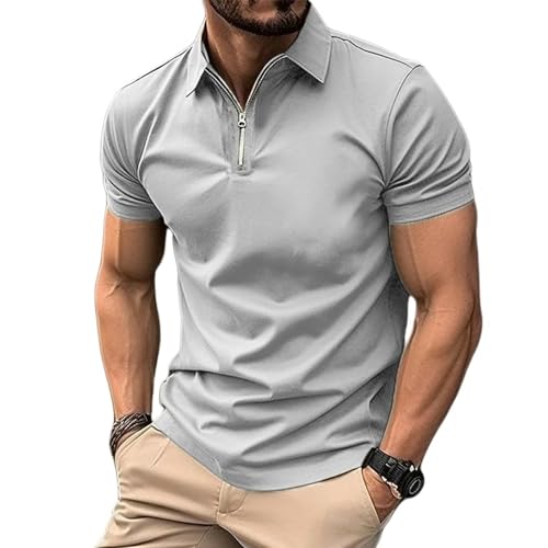 YLXCKGS Herren-Poloshirt Herrenfarb Polo-Hemd Kurzarm Reißverschluss Kragen T-Shirts Und Für Streetwear Streetwear Männliche Jogger-Tops-Hellgrau-L von YLXCKGS