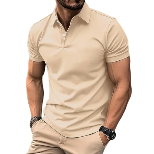 YLXCKGS Herren-Poloshirt Männer Kurzarm Poloshirt Drehen Kragenknopf Reine Farbe Top Sommer Casual Comfort Herrenkleidung-Khaki-M von YLXCKGS