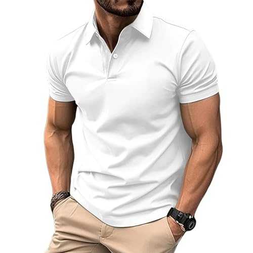 YLXCKGS Herren-Poloshirt Männer Kurzarm Poloshirt Drehen Kragenknopf Reine Farbe Top Sommer Casual Comfort Herrenkleidung-Weiß-S von YLXCKGS