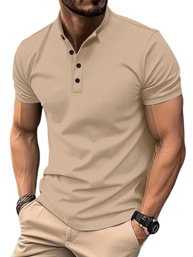 YLXCKGS Herren-Poloshirt Mode Herren Sommer Henley Shirt Feste Farbe Kurzarm Elastic Atmable Top-Khaki-S von YLXCKGS
