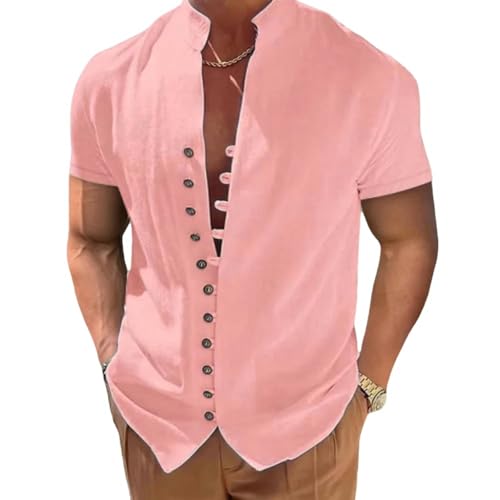 YLXCKGS Herren-Poloshirt Sommer Baumwollwäsche Leinen Herren Kurzarmhemd Hemden Feste Farbständer Collar Casual T-Shirt Plus Size Herrenkleidung-Rosa-3Xl von YLXCKGS