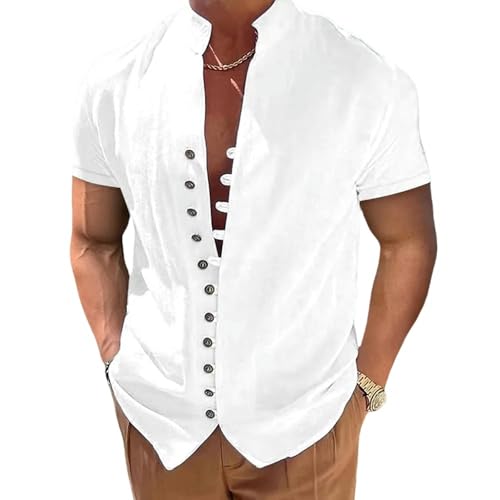 YLXCKGS Herren-Poloshirt Sommer Baumwollwäsche Leinen Herren Kurzarmhemd Hemden Feste Farbständer Collar Casual T-Shirt Plus Size Herrenkleidung-Weiß-L von YLXCKGS