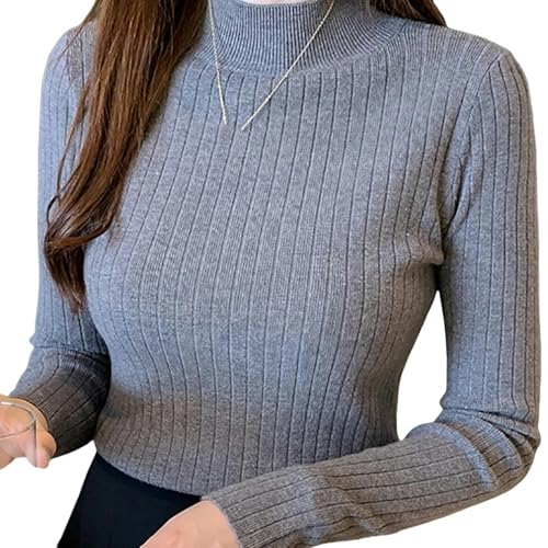 YLXCKGS Pullover Damen Frauen Pullover Schlanker Weicher Gestrickter Jumper Mockneck Pullover-Grau-Eine Größe von YLXCKGS