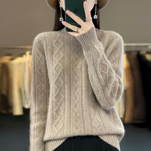 YLXCKGS Pullover Damen Kaschmirpullover Im Herbst- Und Winter-Frauenpullover Verdrehte, Verdickte, Mit Langem Ärmeln Warme Oberteil Mit Hohem Hals Verdreht-Kamel-XXL von YLXCKGS