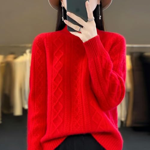 YLXCKGS Pullover Damen Kaschmirpullover Im Herbst- Und Winter-Frauenpullover Verdrehte, Verdickte, Mit Langem Ärmeln Warme Oberteil Mit Hohem Hals Verdreht-Rot-M von YLXCKGS