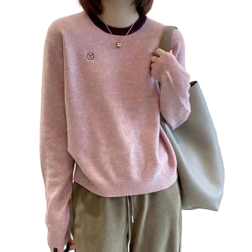 YLXCKGS Pullover Damen Modefarbene Bestickte Kaschmirpullover Frühling Herbst Winter Frauen Mode Komfortable O-Neck Pullover-Rosa-XL von YLXCKGS