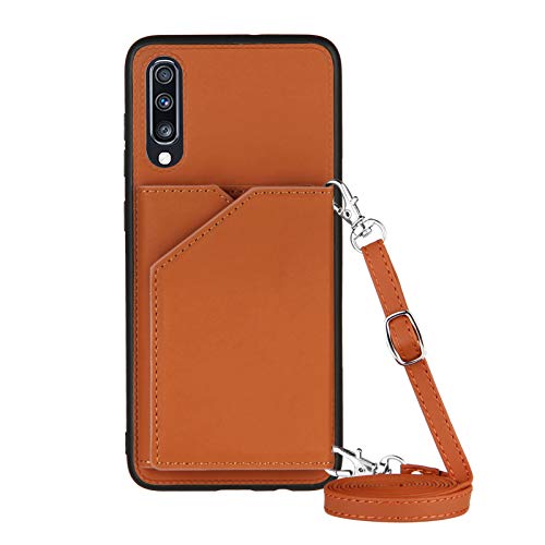 YMCASE Handykette für Samsung Galaxy A70 PU-Leder Hülle- Handyhülle mit Band zum Umhängen - Hülle mit Kartenfach und Portmonee - Klapptasche Handytasche Case mit Kette Handy-Kette,Braun von YMCASE