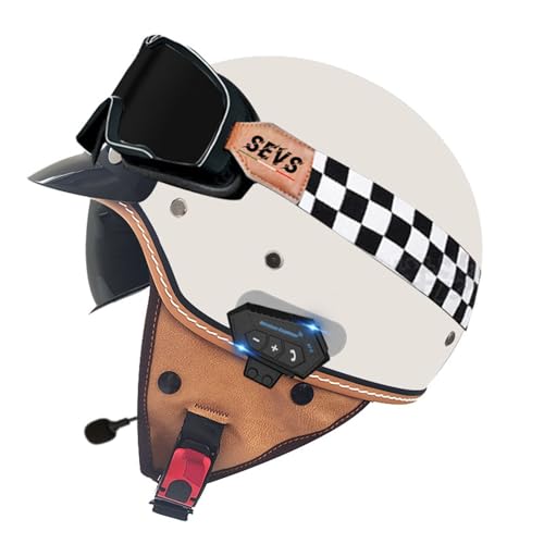 Bluetooth Motorrad Halbhelm Jethelm Motorradhelm Retro-Moto-Helm mit Sonnenblende Vintage Motorrad Halbschale JetHelm Männer und Frauen ECE-Zulassung 12,XL=61~62cm von YMCXZDP