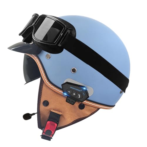 Bluetooth Motorrad Halbhelm Jethelm Motorradhelm Retro-Moto-Helm mit Sonnenblende Vintage Motorrad Halbschale JetHelm Männer und Frauen ECE-Zulassung 2,XL=61~62cm von YMCXZDP