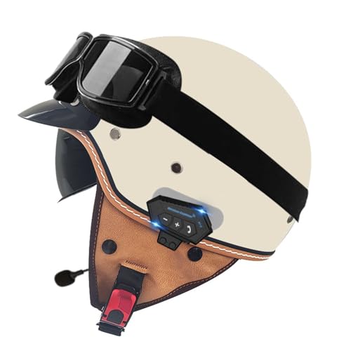 Bluetooth Motorrad Halbhelm Jethelm Motorradhelm Retro-Moto-Helm mit Sonnenblende Vintage Motorrad Halbschale JetHelm Männer und Frauen ECE-Zulassung 5,M=57~58cm von YMCXZDP