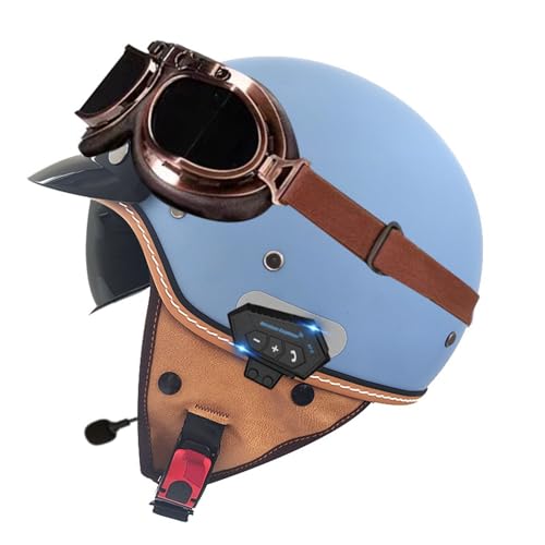 Bluetooth Retro Motorrad Halbhelme Motorradhelm für Herren und Damen DOT/ECE-Zertifizierung Jethelm Mit Visier Halbschalenhelm Braincap für Bike Cruiser Chopper Moped Scooter 4,M=57~58cm von YMCXZDP