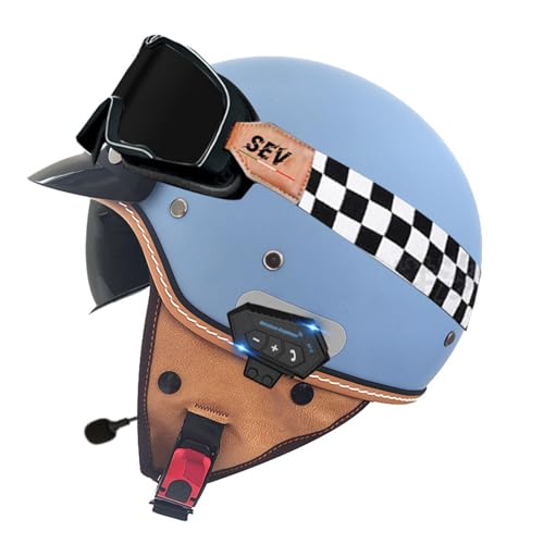 Bluetooth Retro Motorrad Halbhelme Motorradhelm für Herren und Damen DOT/ECE-Zertifizierung Jethelm Mit Visier Halbschalenhelm Braincap für Bike Cruiser Chopper Moped Scooter 6,L=59~60cm von YMCXZDP