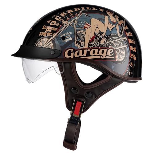 Halbschalenhelm DOT/ECE-Zulassung Brain-Cap Halbschale Jet-Helm Roller-Helm Scooter-Helm Retro Half Helm mit Built-in Visier für Cruiser Chopper Biker Moped 5,XL=61~62cm von YMCXZDP