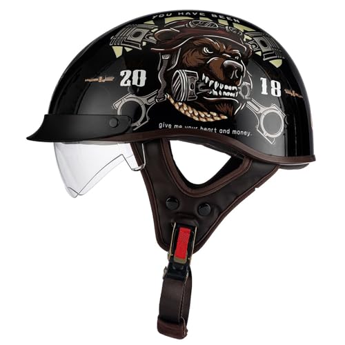 Halbschalenhelm DOT/ECE-Zulassung Brain-Cap Halbschale Jet-Helm Roller-Helm Scooter-Helm Retro Half Helm mit Built-in Visier für Cruiser Chopper Biker Moped 9,L=59~60cm von YMCXZDP