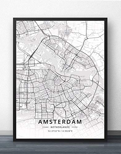 Leinwand Bilder,Amsterdam Niederlande Stadtplan Wandkunst Bilder Große Poster Drucke Moderne Schwarz Und Weiß Stadt Rechteck Gemälde Pop Wandmalereien Kunstwerk Für Wohnkultur, 50X70Cm / 19.68X27 von YMXCNM