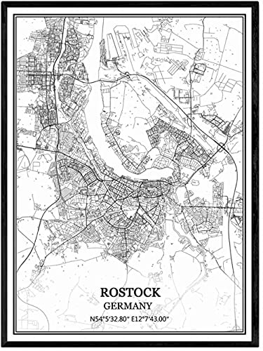 YMXCNM Leinwand Bilder, Rostock Deutschland Karte Poster Drucke Kunstwerk Ungerahmte Bilder Moderne Schwarz-Weiß-Gemälde Souvenir Geschenk Home Decor,50X70Cm / 19.68X27.55 In von YMXCNM