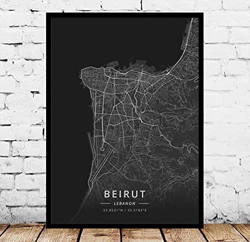 YMXCNM Leinwand Bilder,Beirut Libanon Stadtplan Wandkunst Poster Moderne Große Drucke Bilder Schwarz-Weiß Stadt Rechteck Gemälde Pop Wandmalereien Kunstwerk Für Wohnkultur, 30X40Cm / 11.81X15.74 In von YMXCNM