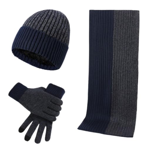 YNKING Herren-Winterschal-Mützen- und Handschuhset, Strickmütze, wärmender Schal und Touchscreen-Handschuhe (One Size,Dark Blue) von YNKING