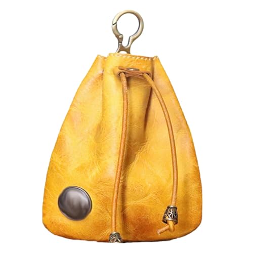 Handmade Cowhide Retro Storage Bag, Simple Drawstring Leather Coin Purse, Multi-Functional Car Key Case Portable Key Leather Pouchs for Men and Women (Yellow) von YODAOLI