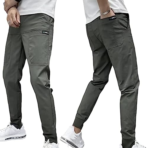 Men's High Stretch Multi-Pocket Skinny Cargo Pants Elastic Casual Jogger Active Pants (29,Grey) von YODAOLI