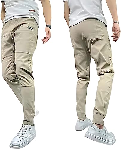 Men's High Stretch Multi-Pocket Skinny Cargo Pants Elastic Casual Jogger Active Pants (38,Khaki) von YODAOLI