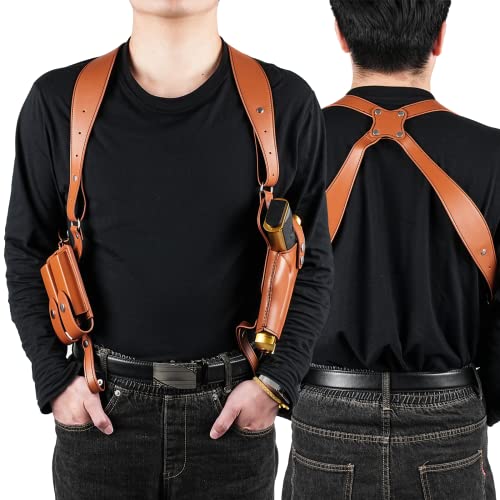 Schulterholster aus Leder, universelles vertikales verdecktes Holster mit doppeltem Magazinhalter, passend für Glock 1911 und die meisten Pistolentypen Schulterholster aus Leder, universelles vertikales verdecktes Holster mit doppeltem Magazinhalter, passend für Glock 1911 und die meisten Pistolentypen von YOFAPA