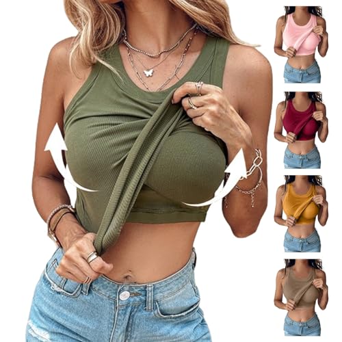 YOHFRFGX Chic-Me Tank Top with Bra, Tank Tops with Built in Bras, Round Neck Ribbed Tank Top with Bra Pads (L,Green) von YOHFRFGX