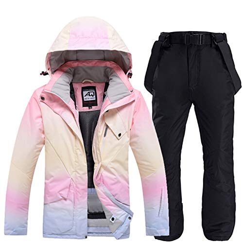 YOJOLO Damen Skianzug Farbverlauf Winddicht Wasserdicht Skifahren Snowboardjacke Trägerhose Set Winter Outdoor Sport Schneeanzug Skikleidung,Schwarz,M von YOJOLO