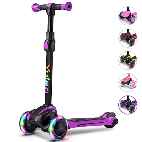 YOLEO Roller Kinder für 3–12 Jahre, Kinder Roller mit 4 Verstellbaren Höhen, LED Leuchtenden Räder Kinderroller, Stoßdämpfendes Design, Leicht zu Lenken, Balance-Trainings-Roller für Kinder, Violett von YOLEO