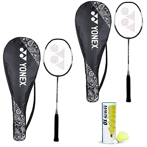 YONEX Best Anfänger Badminton ZR 100 Light Aluminium-Mischung Schläger mit vollständiger Abdeckung, 2 Stück + Mavis 10 Federball (schwarz) – Kombi-Pack mit 6 Stück von YONEX