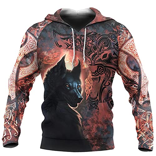 YOROOW 3D Viking Fenrir Tattoo Herren Hoodie Nordische Mythologie Gedruckt Langarm Sweatshirt Lässige Mode Unisex Jacke Sportswear,Hoodie,L von YOROOW