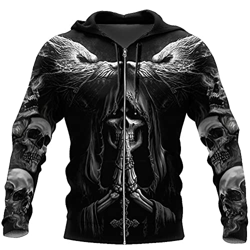 YOROOW Männer Wikinger Schädel Tattoo Hoodie, 3D Druck Fenrir Wolf Langarm Sweatshirt Reißverschluss Pullover Mode Unisex Jacke Beiläufige Streetwear,Black Hoodie Zip,XXL von YOROOW