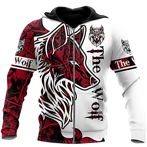 YOROOW Wolf Hunter Tattoo Hooding Sweatshirt, Herren 3D Printed Tier Graffiti Langarm Hoodie Casual Pullover Unisex Jacke Sportswear,Red Wolf Hoodie Zip,6XL von YOROOW