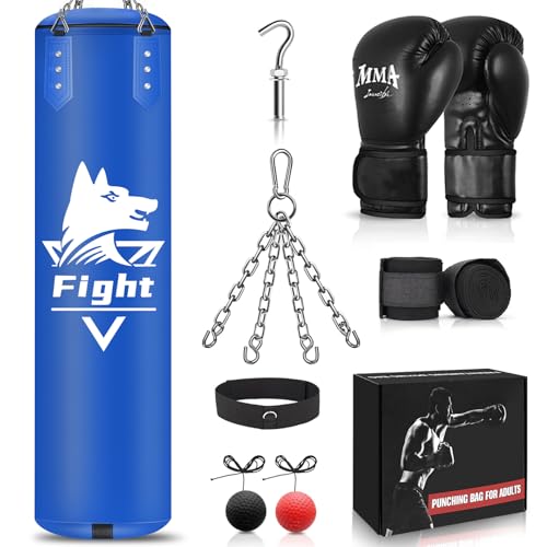 Boxsack zum Aufhängen, 122 cm, Blau, Super-PU-Leder, Box-Trainingsausrüstung, schwerer Beutel mit 340 g MMA-Handschuhen, ungefüllter Kicksack, Boxset für Training, Karate, Kickboxen, Muay Thai (blau) von YORWHIN