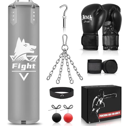 Boxsack zum Aufhängen, 122 cm, Super-PU-Leder, schwere Tasche mit 340 g MMA-Handschuhen, ungefüllter Kicksack, Boxset für Training, Karate, Kickboxen, Muay Thai (grau) von YORWHIN