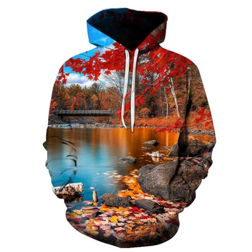 YOUOUSI Autumn Falling Maple Leaf Lake 3D-Gedruckter Hoodie Herren Street Novel Sweatshirt Kordelzug Pullover Herbst Top Jacke von YOUOUSI