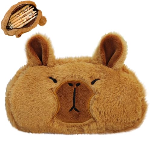 YOUYIKE Plüsch Federmäppchen,Capybara Federmäppchen Unisex,Große Kapazität Federtasche Plüschtier Bleistifttasche,Federmäppchen Kinder Süßes Schulgeschenk（20 * 4.5 * 10.5cm）- braun-1 von YOUYIKE