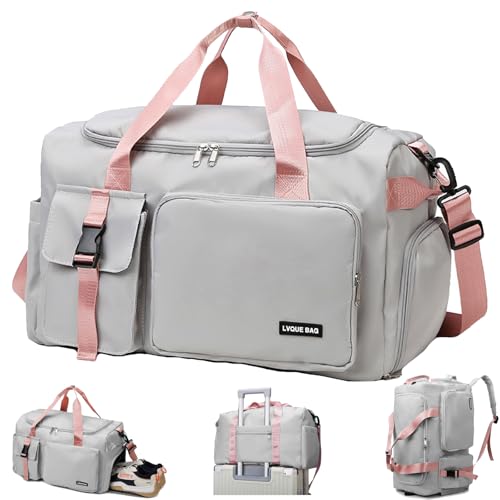 YOUYIKE Sporttasche Damen Herren, Reisetasche Faltbar, 42L Wasserabweisende Sporttasche Groß Reisetasche Damen mit Schuhfach und Nassfach, Sporttaschen, für Reisen, Fitness, Sport (Rosa Grau) von YOUYIKE