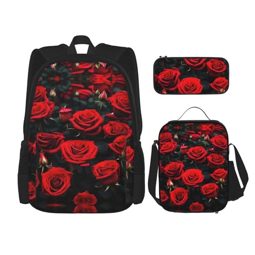 YQxwJL 3-in-1-Rucksack-Büchertaschen-Set, mathematischer Druck, lässiger Reiserucksack, mit Federmäppchen, Lunchtasche, Viele rote Rosen, Einheitsgröße von YQxwJL