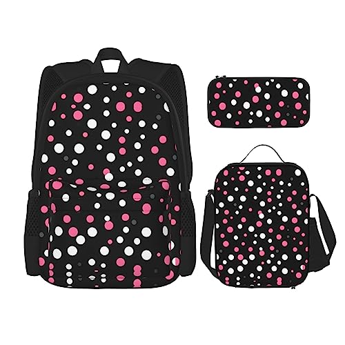 YQxwJL 3-in-1-Rucksack-Büchertaschen-Set, schwarze Punkte, lässiger Reiserucksack, mit Federmäppchen, Lunchtasche, Schwarz gepunktet, Einheitsgröße von YQxwJL