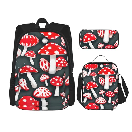 YQxwJL 3-in-1-Rucksack-Büchertaschen-Set, schwarzer Roboterdruck, lässiger Reiserucksack, mit Federmäppchen, Lunchtasche, Rot-weißer Pilz, Einheitsgröße von YQxwJL