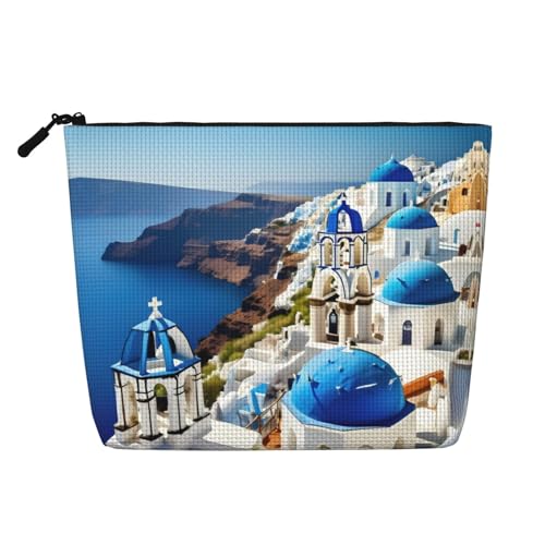 YQxwJL Kosmetiktasche mit griechischem Insel-Motiv, mit Meerblick, Make-up-Tasche, Organizer mit Reißverschluss, niedliche Make-up-Tasche, Reisegröße, Schwarz, Einheitsgröße von YQxwJL