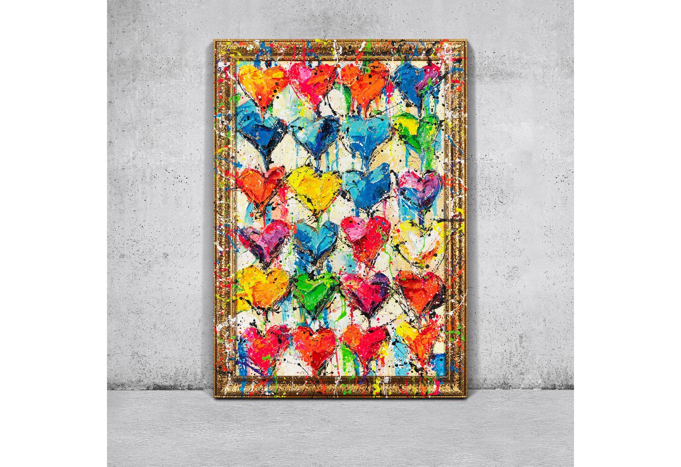 YS-Art Gemälde Dame mit einem Glas, Abstraktion, Bunte Herzen, Sonnenbrille, Leinwandbild mit einem sehr breiten und bemalten Rahmen YS-Art Gemälde Dame mit einem Glas, Abstraktion, Bunte Herzen, Sonnenbrille, Leinwandbild mit einem sehr breiten und bemalten Rahmen von YS-Art