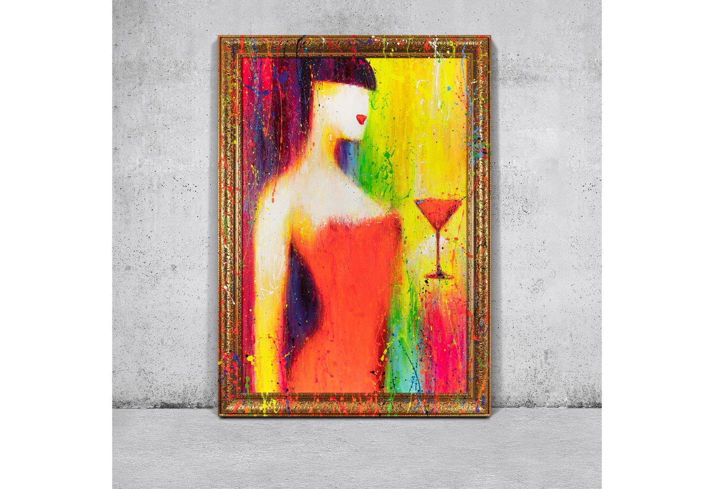 YS-Art Gemälde Dame mit einem Glas, Abstraktion, Bunte Herzen, Sonnenbrille, Leinwandbild mit einem sehr breiten und bemalten Rahmen YS-Art Gemälde Dame mit einem Glas, Abstraktion, Bunte Herzen, Sonnenbrille, Leinwandbild mit einem sehr breiten und bemalten Rahmen von YS-Art