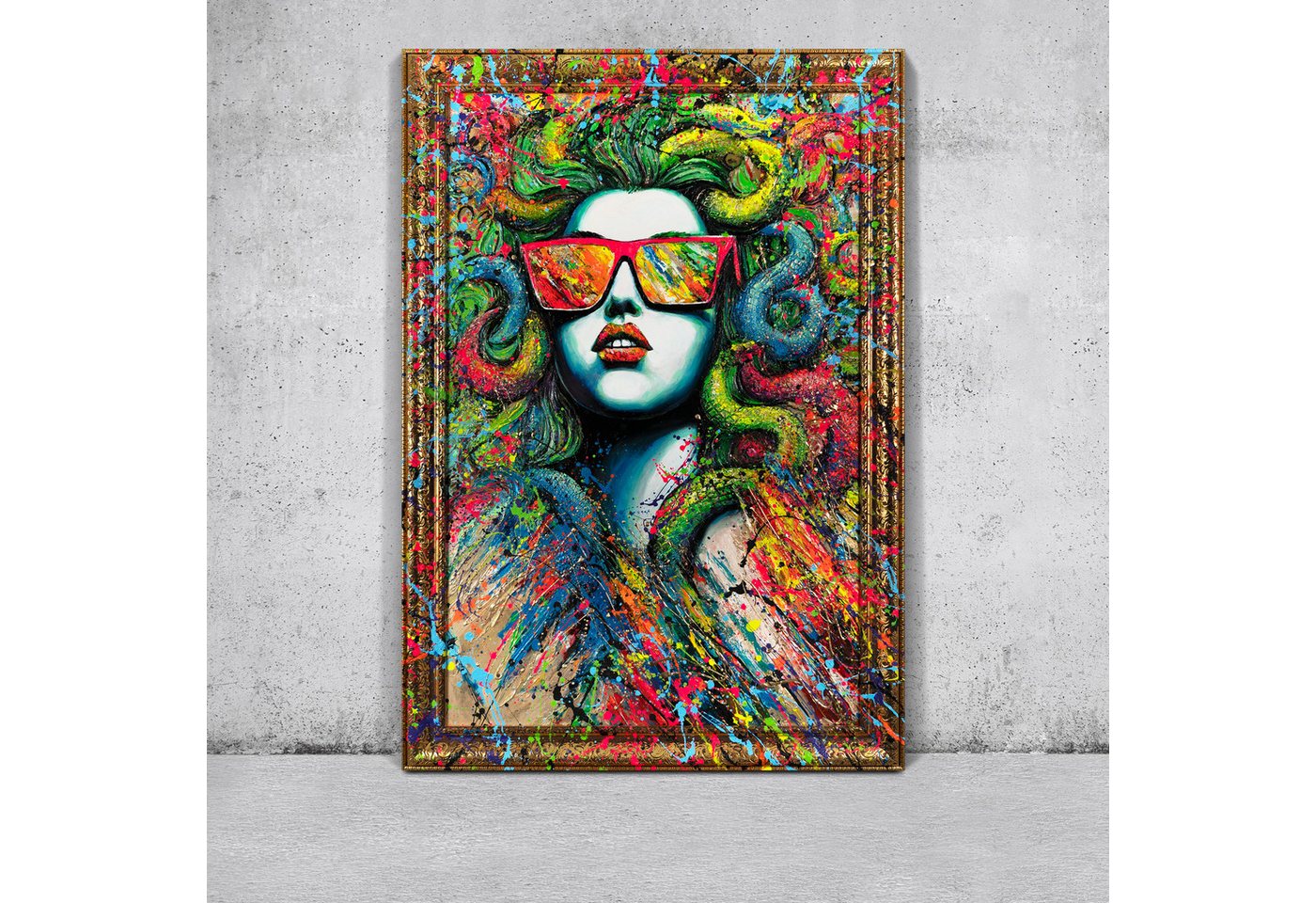 YS-Art Gemälde Dame mit einem Glas, Abstraktion, Bunte Herzen, Sonnenbrille, Leinwandbild mit einem sehr breiten und bemalten Rahmen YS-Art Gemälde Dame mit einem Glas, Abstraktion, Bunte Herzen, Sonnenbrille, Leinwandbild mit einem sehr breiten und bemalten Rahmen von YS-Art