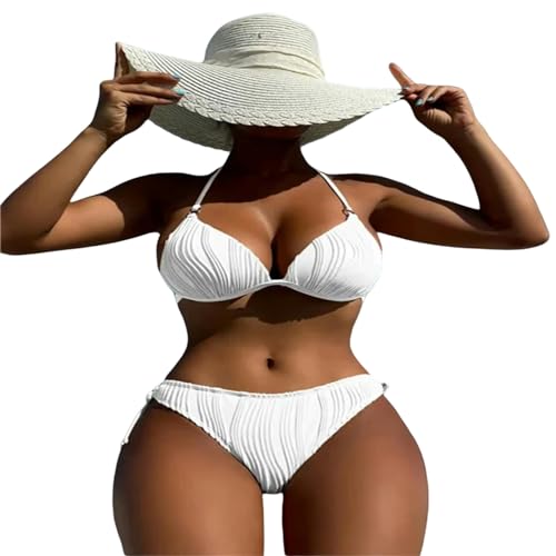 YSZWIN Badeanzug Damen Bikini -Frauen Massiv Schnüren Rückenfreier Gepolsterter Badeanzug Schub Auf Strand Badeanzug-Weiß-L von YSZWIN